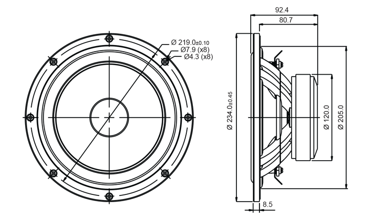 drawing & mounting du haut parleur à cône SB Acoustics Haut-parleur SB Acoustics SB23NRXS45-4, impédance 4 ohm, 8 pouce