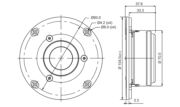 drawing & mounting du tweeter à dôme SB Acoustics Tweeter à dôme SB Acoustics SB29RDC-C000-4, impédance 4 ohm, bobine 29 mm