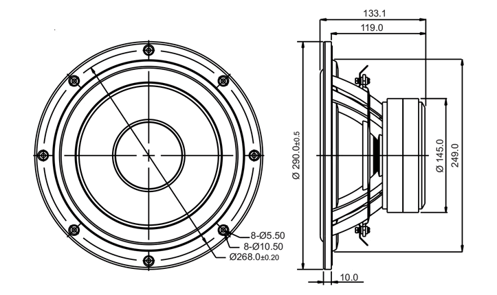 drawing & mounting du haut parleur à cône SB Acoustics Haut-parleur SB Acoustics SB29SWNRX-S75-6, impédance 6 ohm, 10 pouce