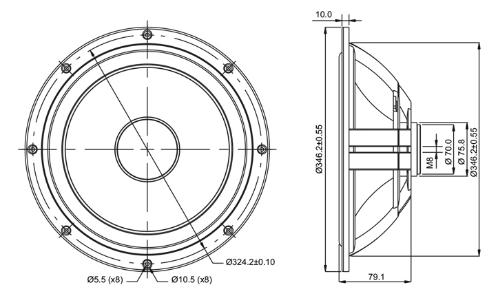drawing & mounting du haut parleur passif SB Acoustics Haut-parleur passif SB Acoustics SB34NRX-00, 12 pouce