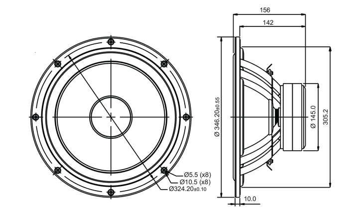 drawing & mounting du haut parleur à cône SB Acoustics Haut-parleur SB Acoustics SB34NRX75-6, impédance 6 ohm, 12 pouce