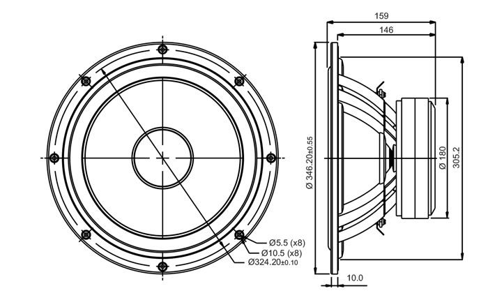 drawing & mounting du haut parleur à cône SB Acoustics Haut-parleur SB Acoustics SB34NRXL75-8, impédance 8 ohm, 12 pouce