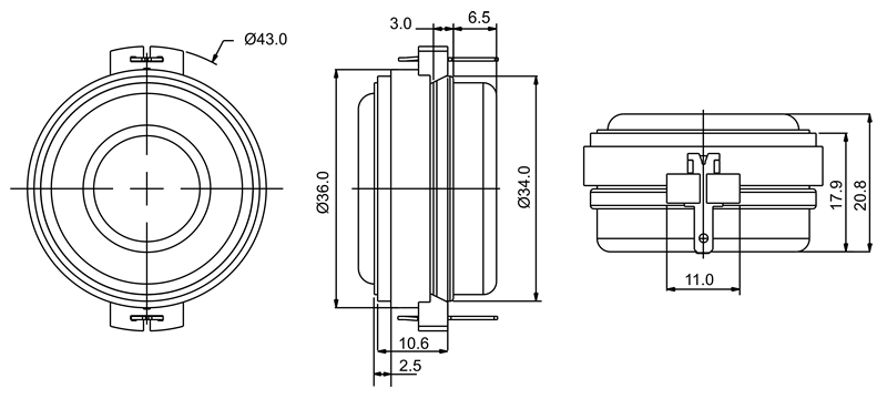 drawing & mounting du haut parleur à cône SB Acoustics Haut-parleur large-bande SB Acoustics SB36WBAC21-8 , impédance 8 ohm, 1 pouce
