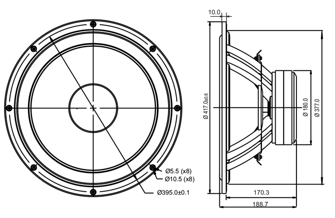 drawing & mounting du haut parleur à cône SB Acoustics Haut-parleur SB Acoustics SB42FHCL75-6, impédance 6 ohm, 15 pouce