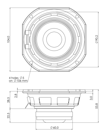 drawing & mounting du haut parleur à cône Sica Haut-parleur large-bande Sica 4L11SL, 8 ohm, 4 pouce