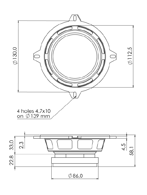drawing & mounting du haut parleur à cône Sica Haut-parleur Sica 5D1CS, 4 ohm, 5 pouce