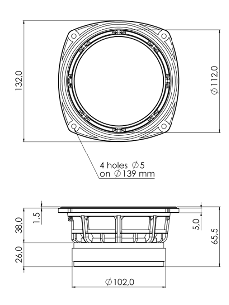 drawing & mounting du haut parleur à cône Sica Haut-parleur Sica 5F1.5CP, 16 ohm, 5 pouce
