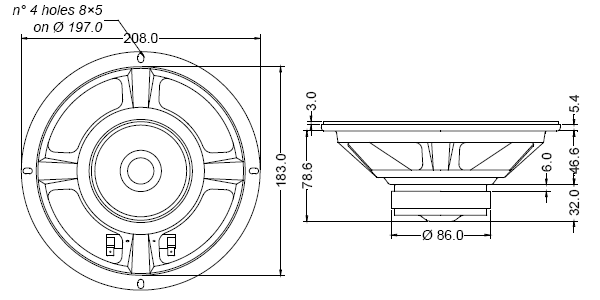 drawing & mounting du haut parleur à cône Sica Haut-parleur Sica 8H1CS, 8 ohm, 8 pouce