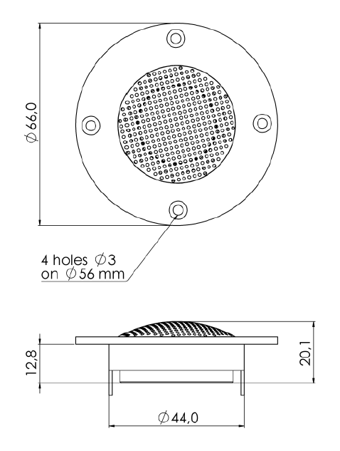 drawing & mounting du tweeter à dôme Sica Tweeter à dôme Sica LP66.25/N14, 8 ohm, bobine 25 mm