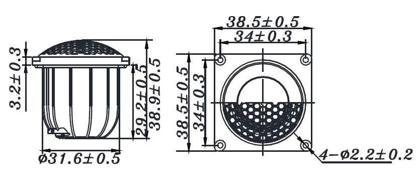 drawing & mounting du tweeter à dôme TangBand Tweeter à dôme Tang Band 20-2240S, 4 ohm, façade 38.5 x 38.5 mm, bobine 20 mm