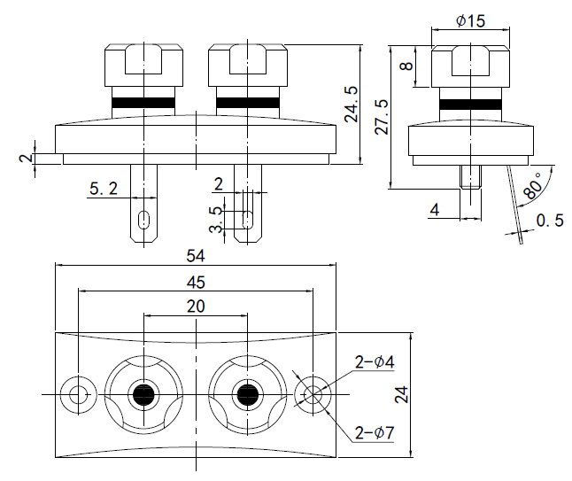 drawing & mounting du bornier enceinte TLHP Petit bornier rectangle 2 pôles à encastrer pour enceinte haute fidélité, contacts plaqué-or, pour fiche banane ou serrage sur conducteur, façade rectangle 54x24 mm