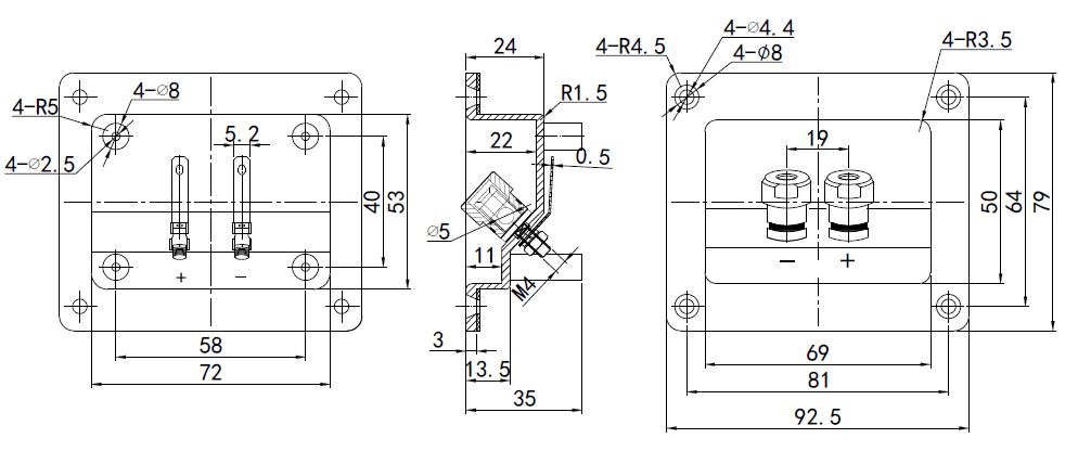drawing & mounting du bornier enceinte TLHP Grand bornier rectangle 2 pôles à encastrer pour enceinte haute fidélité, contacts plaqué-or, pour fiche banane ou serrage sur conducteur, façade rectangle 92.5x79 mm