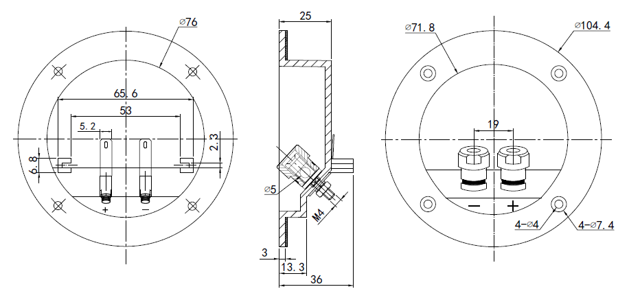 drawing & mounting du bornier enceinte TLHP Grand bornier rond 2 pôles à encastrer pour enceinte haute fidélité, contacts plaqué-or, pour fiche banane ou serrage sur conducteur, façade diamètre 105 mm