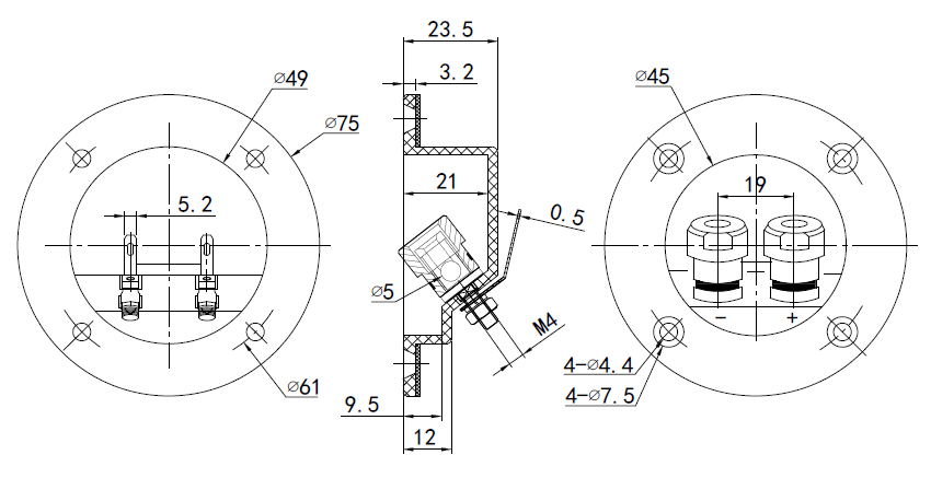 drawing & mounting du bornier enceinte TLHP Petit bornier rond 2 pôles à encastrer pour enceinte haute fidélité, contacts plaqué-or, pour fiche banane ou serrage sur conducteur, façade diamètre 75 mm