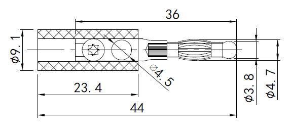 drawing & mounting du fiche banane TLHP Paire de fiches banane rouge/noire, longueur 44 mm, gaine isolée plastique, raccord acier à visser/souder sur conducteur diamètre 3 mm max, perçage latéral diamètre 4.5 mm pour banane
