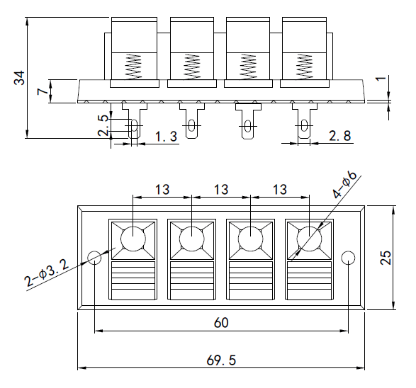drawing & mounting du bornier enceinte TLHP Bornier plastique 4 voies à pince, façade rectangle 69.5x25 mm