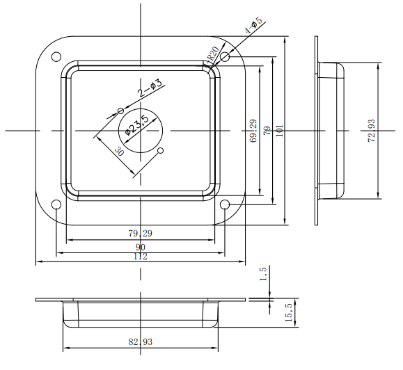 drawing & mounting du cuvette TLHP Cuvette acier noir 112x101x15.5 mm, pour une embase châssis format D