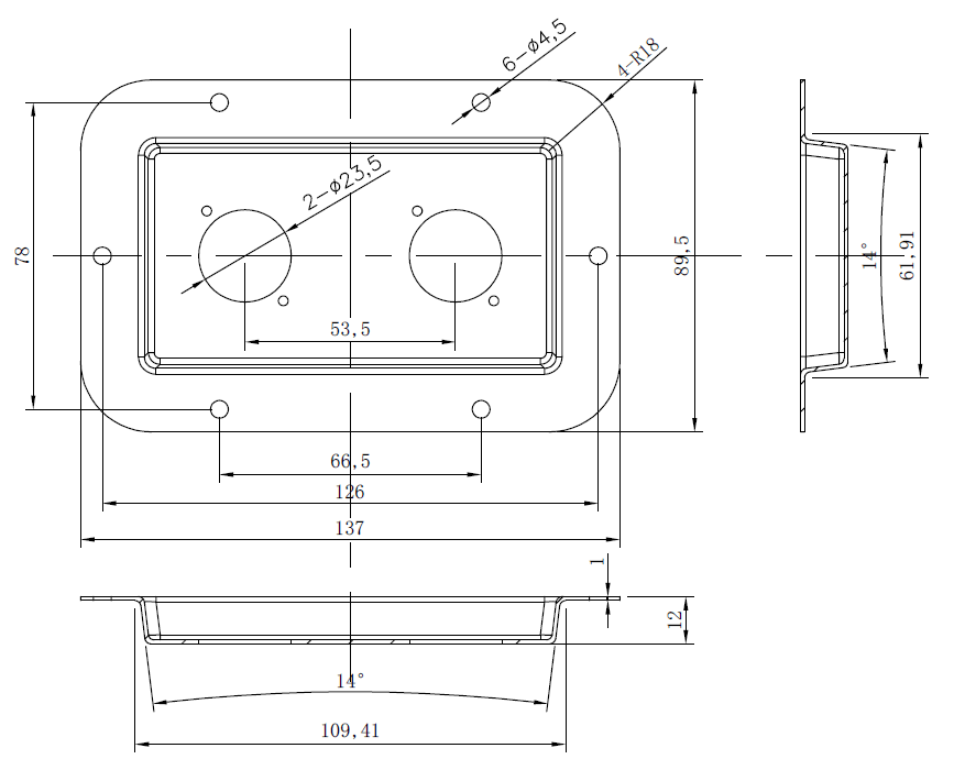 drawing & mounting du cuvette TLHP Cuvette acier noir à encastrer, pour deux embases format D (exemple Neutrik NL4MPXX), façade 136 x 89 mm, profondeur total 12 mm