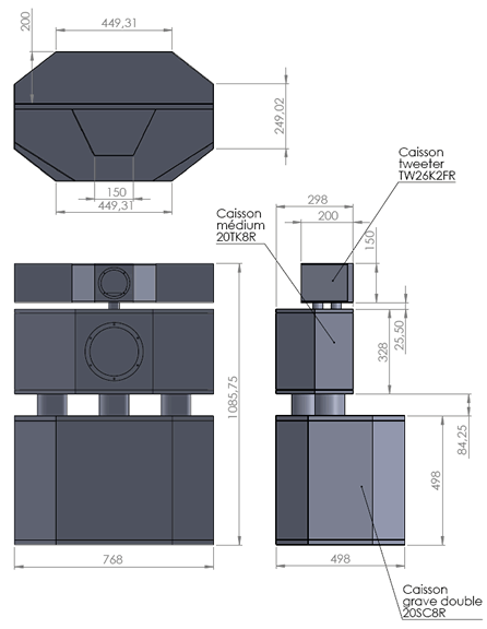 drawing & mounting du kit enceinte TLHP Kit enceinte colonne KRISTEL avec kit ébénisterie, haut-parleurs et filtre passif