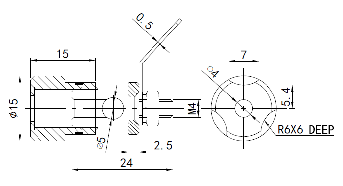 drawing & mounting du borne haut-parleur TLHP Paire de bornes haut-parleur plaqué-or haute fidélité, pour fiche banane ou serrage sur conducteur diamètre 5 mm max, repères rouge/noir, diamètre 15 mm
