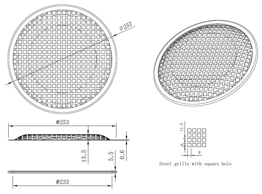 drawing & mounting du grille TLHP Grille TLHP pour haut-parleur 10 pouce, diamètre extérieur 257 mm, acier épais finition noire, trous carrés 8x8 mm, collerette périphérique caoutchouc