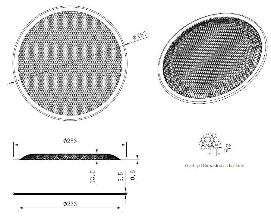 drawing & mounting du grille TLHP Grille TLHP pour haut-parleur 10 pouce, diamètre extérieur 257 mm, acier épais finition noire, trous ronds diamètre 4 mm, collerette périphérique caoutchouc
