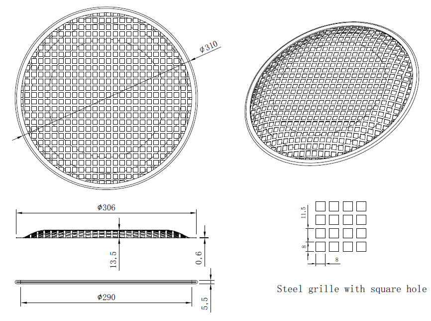 drawing & mounting du grille TLHP Grille TLHP pour haut-parleur 12 pouce, diamètre extérieur 310 mm, acier épais finition noire, trous carrés 8x8 mm, collerette périphérique caoutchouc