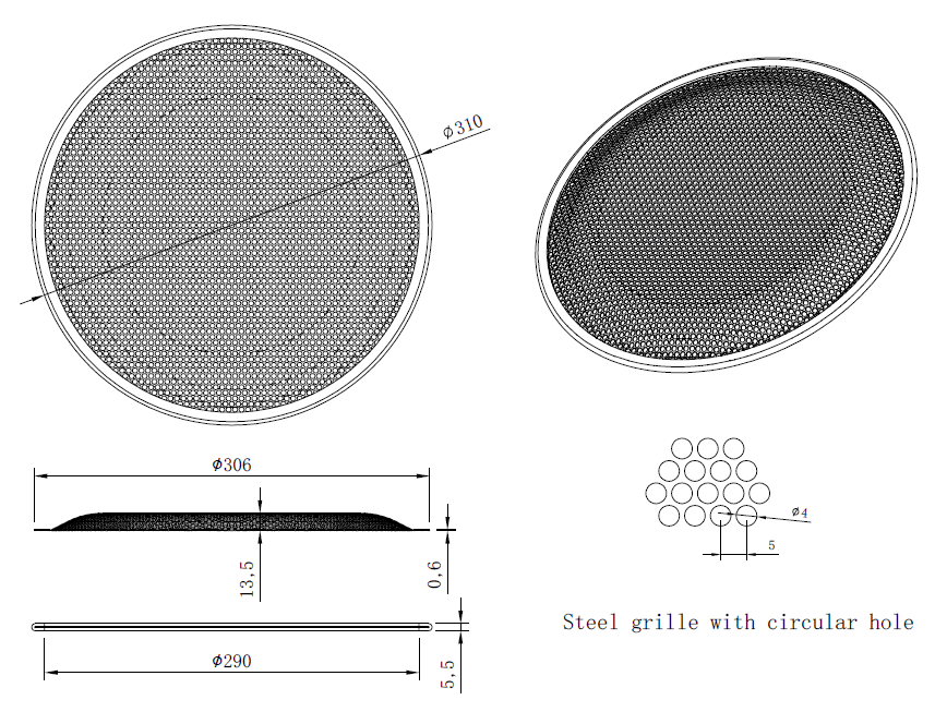 drawing & mounting du grille TLHP Grille TLHP pour haut-parleur 12 pouce, diamètre extérieur 310 mm, acier épais finition noire, trous ronds diamètre 4 mm, collerette périphérique caoutchouc