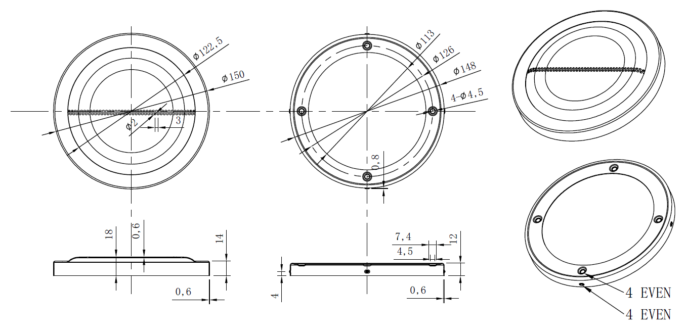 drawing & mounting du grille TLHP Grille TLHP GR-130, en deux parties, diamètre extérieur total 162 mm