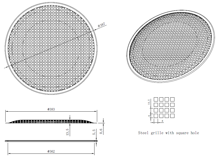 drawing & mounting du grille TLHP Grille TLHP pour haut-parleur 15 pouce, diamètre extérieur 387 mm, acier épais finition noire, trous carrés 8x8 mm, collerette périphérique caoutchouc