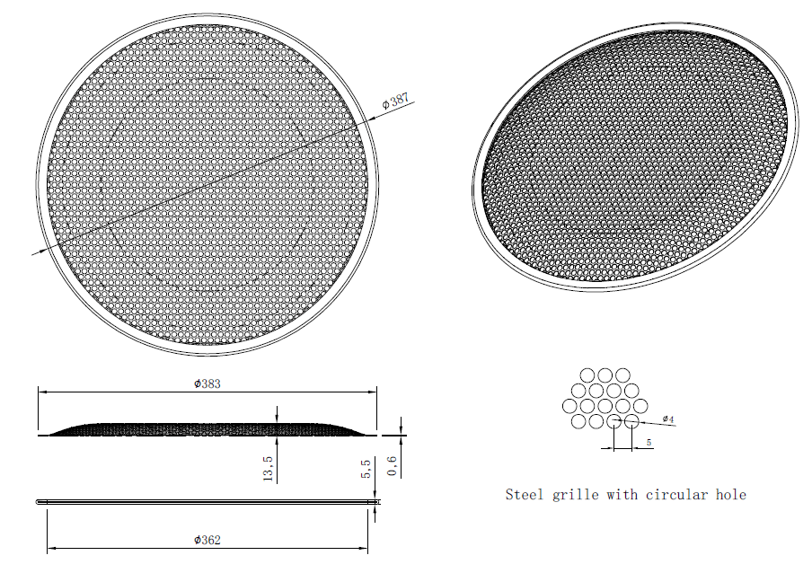 drawing & mounting du grille TLHP Grille TLHP pour haut-parleur 15 pouce, diamètre extérieur 387 mm, acier épais finition noire, trous ronds diamètre 4 mm, collerette périphérique caoutchouc