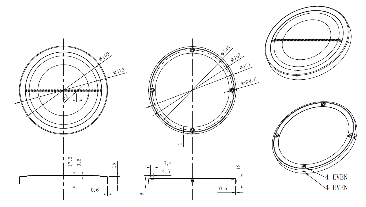 drawing & mounting du grille TLHP Grille TLHP GR-165, en deux parties, diamètre extérieur total 174 mm