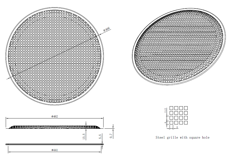 drawing & mounting du grille TLHP Grille TLHP pour haut-parleur 18 pouce, diamètre extérieur 466 mm, acier épais finition noire, trous carrés 8x8 mm, collerette périphérique caoutchouc