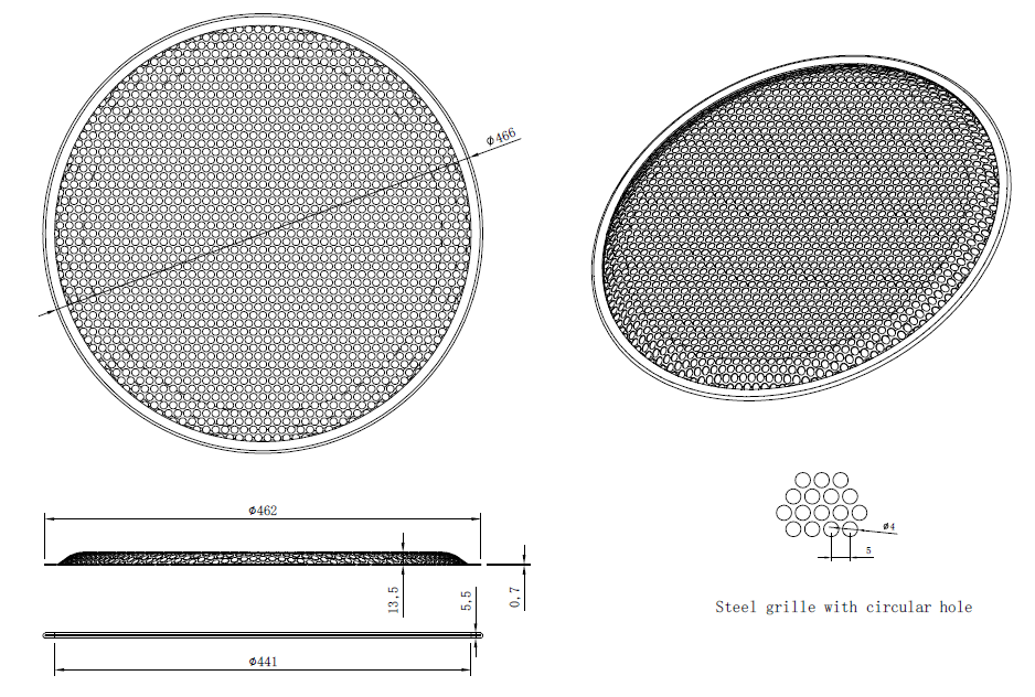 drawing & mounting du grille TLHP Grille TLHP pour haut-parleur 18 pouce, diamètre extérieur 466 mm, acier épais finition noire, trous ronds diamètre 4 mm, collerette périphérique caoutchouc