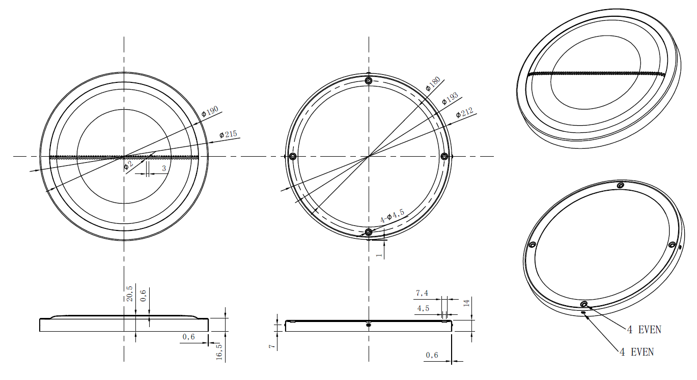 drawing & mounting du grille TLHP Grille TLHP GR-200, en deux parties, diamètre extérieur total 214 mm