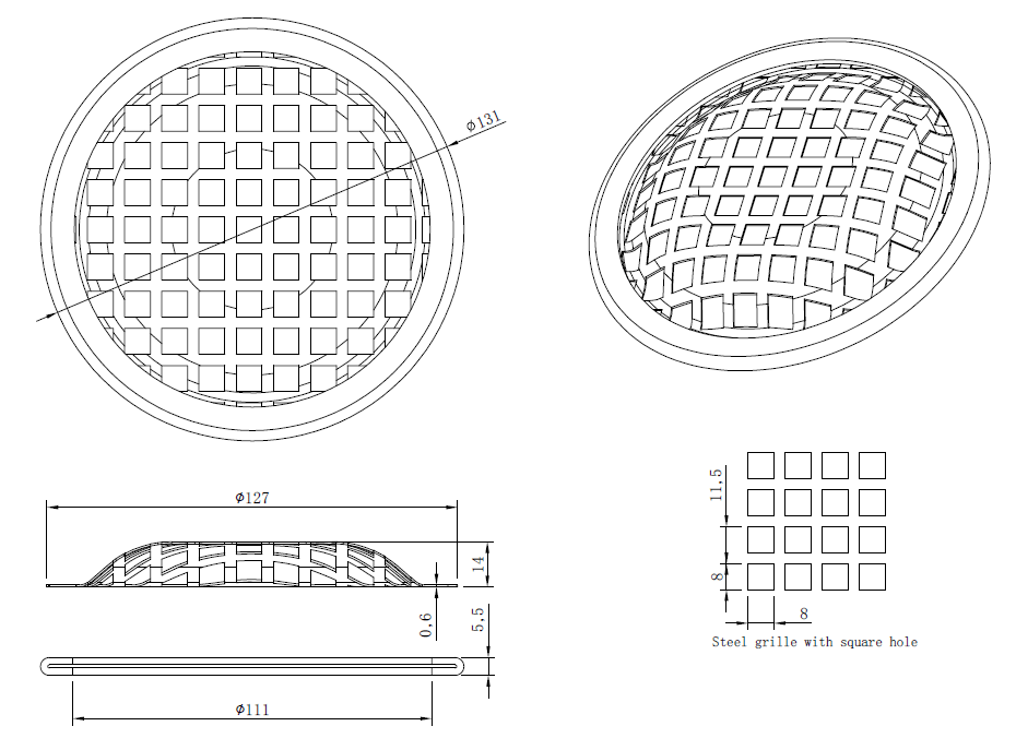 drawing & mounting du grille TLHP Grille TLHP pour haut-parleur 5 pouce, diamètre extérieur 131 mm, acier épais finition noire, trous carrés 8x8 mm, collerette périphérique caoutchouc