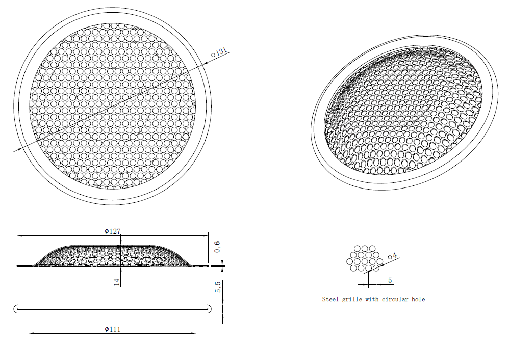 Image Drawing & Mounting grille TLHP Grille TLHP pour haut-parleur 5 pouce, diamètre extérieur 131 mm, acier épais finition noire, trous ronds diamètre 4 mm, collerette périphérique caoutchouc
