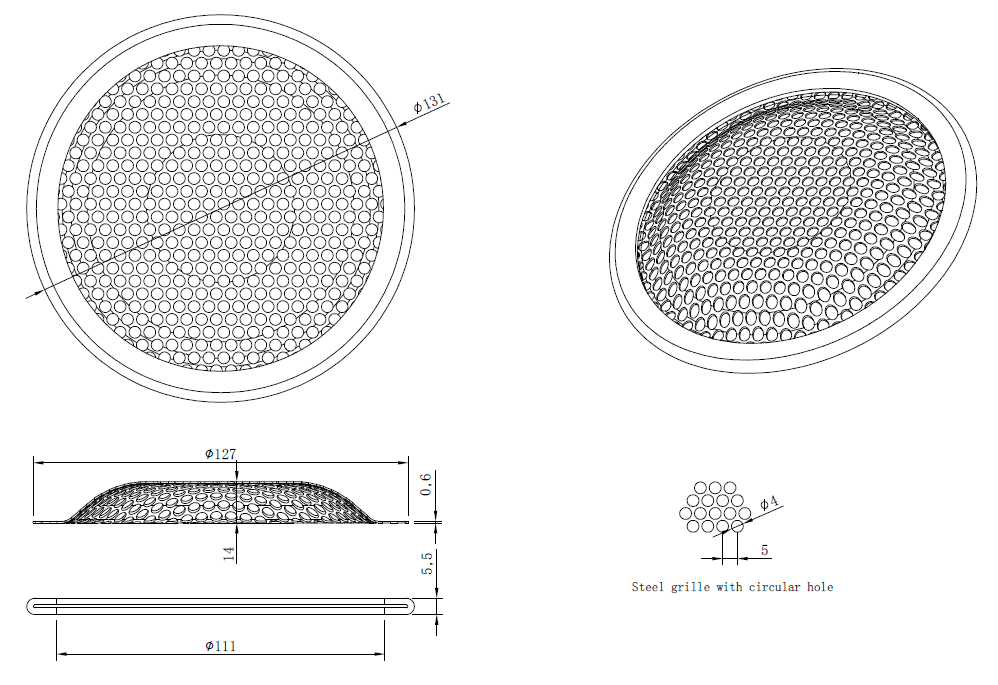 drawing & mounting du grille TLHP Grille TLHP pour haut-parleur 5 pouce, diamètre extérieur 131 mm, acier épais finition noire, trous ronds diamètre 4 mm, collerette périphérique caoutchouc