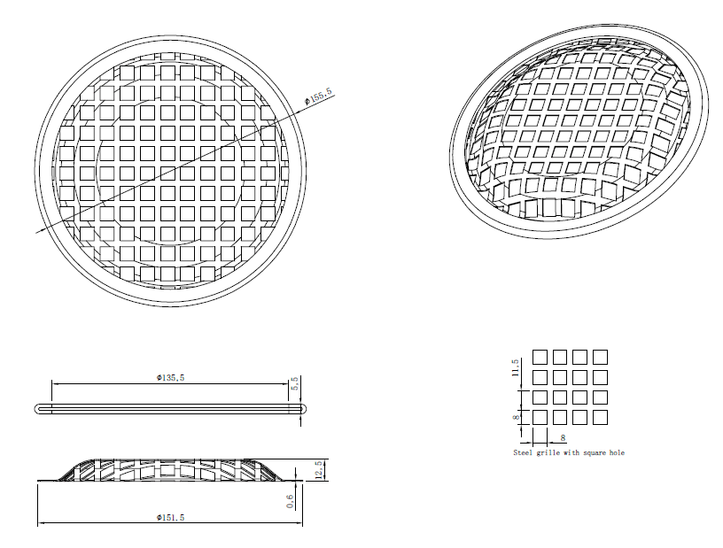 drawing & mounting du grille TLHP Grille TLHP pour haut-parleur 6 pouce, diamètre extérieur 155.5 mm, acier épais finition noire, trous carrés 8x8 mm, collerette périphérique caoutchouc