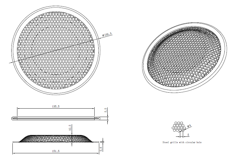 drawing & mounting du grille TLHP Grille TLHP pour haut-parleur 6 pouce, diamètre extérieur 155.5 mm, acier épais finition noire, trous ronds diamètre 4 mm, collerette périphérique caoutchouc