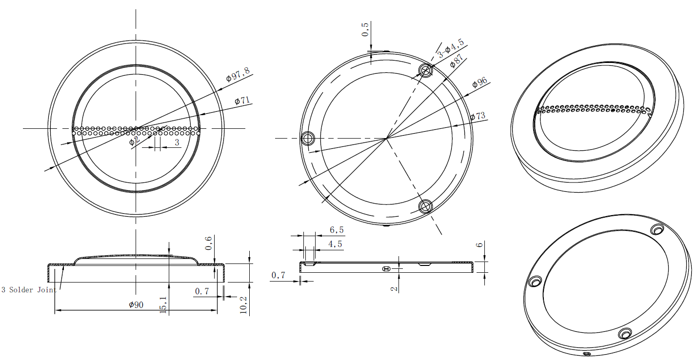 drawing & mounting du grille TLHP Grille TLHP GR-75, en deux parties, diamètre extérieur total 99 mm