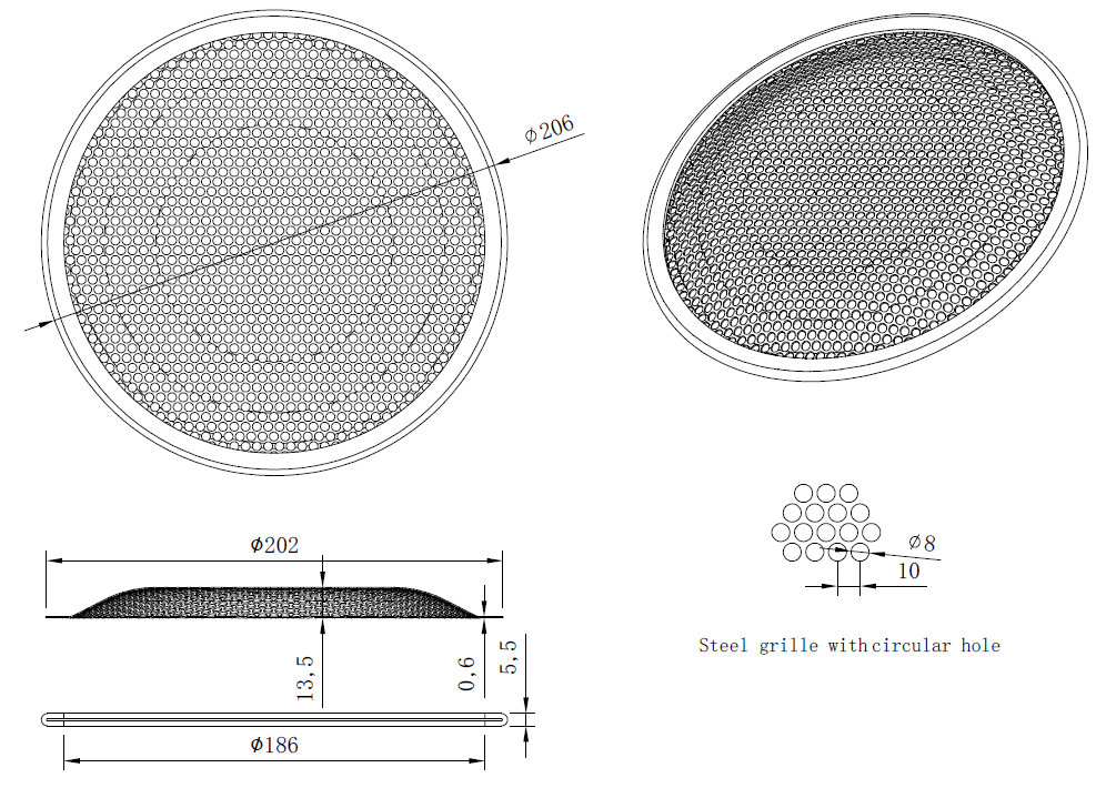 drawing & mounting du grille TLHP Grille TLHP pour haut-parleur 8 pouce, diamètre extérieur 206 mm, acier épais finition noire, trous ronds diamètre 4 mm, collerette périphérique caoutchouc