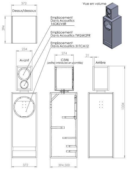 Image Drawing & Mounting kit enceinte TLHP Kit enceinte colonne MV15 avec kit ébénisterie, haut-parleurs et filtre passif