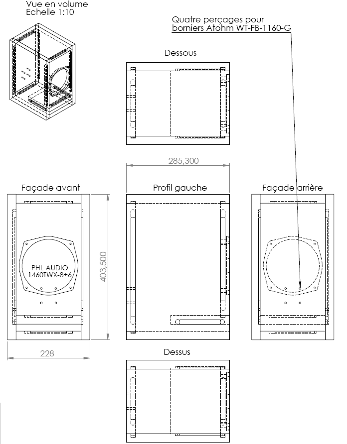 drawing & mounting du kit enceinte TLHP Kit enceinte biblitohèque TLHP X17-1460 avec kit ébénisterie, haut-parleur coaxial et filtre passif en kit