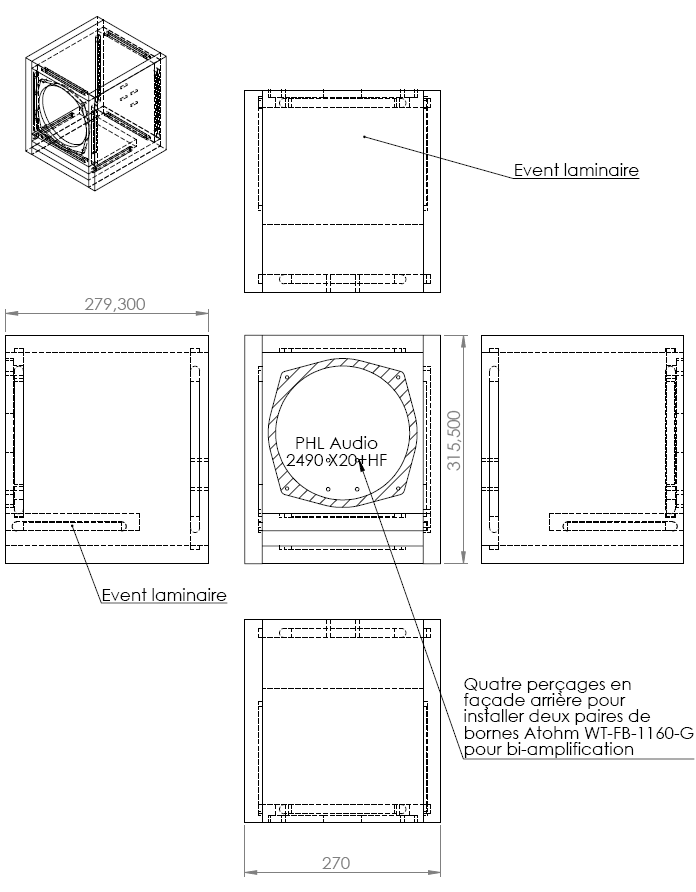 drawing & mounting du kit enceinte TLHP Kit enceinte médium / aigu TLHP X20-2490 avec kit ébénisterie, haut-parleur coaxial et filtre passif en kit