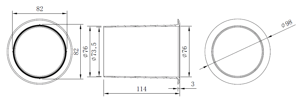 drawing & mounting du event bass-reflex TLHP Event plastique noir à encastrer, diamètre intérieur 76 mm, longueur totale 114 mm, pour charge acoustique bass-reflex