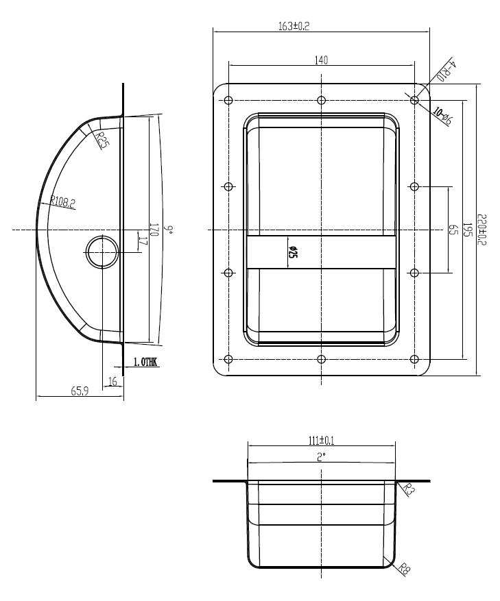drawing & mounting du poignée TLHP Poignée encastrable professionelle, acier noir, 10 points de fixation (à visser), façade 220 x 163 mm, profondeur totale 65.9 mm