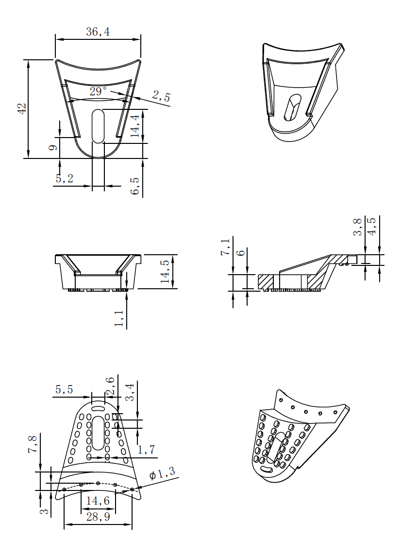 drawing & mounting du patte de fixation grille haut-parleur TLHP Lot de 4 pattes de fixation pour grille, plastique noir, dimensions 42 x 36.4 mm, hauteur 15.6 mm