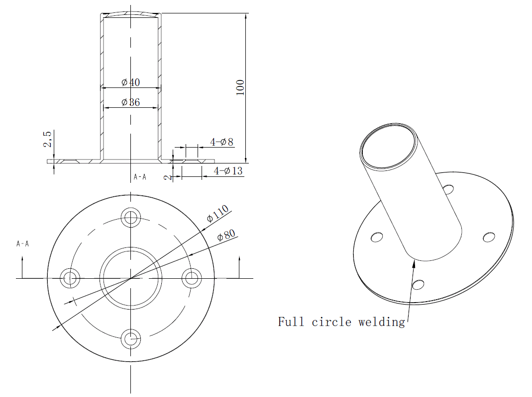 drawing & mounting du support de pied TLHP Embase en acier noir à encastrer, robuste, façade 110 mm, profondeur total 100 ​​mm, pour pieds d'enceinte avec tube de 35 mm de diamètre