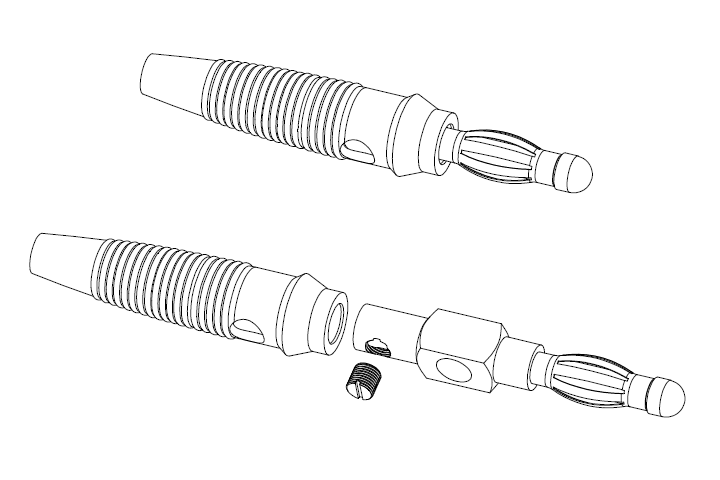 Image Drawing & Mounting (2/2) fiche banane TLHP Paire de fiches banane rouge/noire, longueur 57 mm, gaine isolée souple, raccord acier à visser/souder pour conducteur diamètre 3 mm max, perçage latéral diamètre 4 mm pour banane